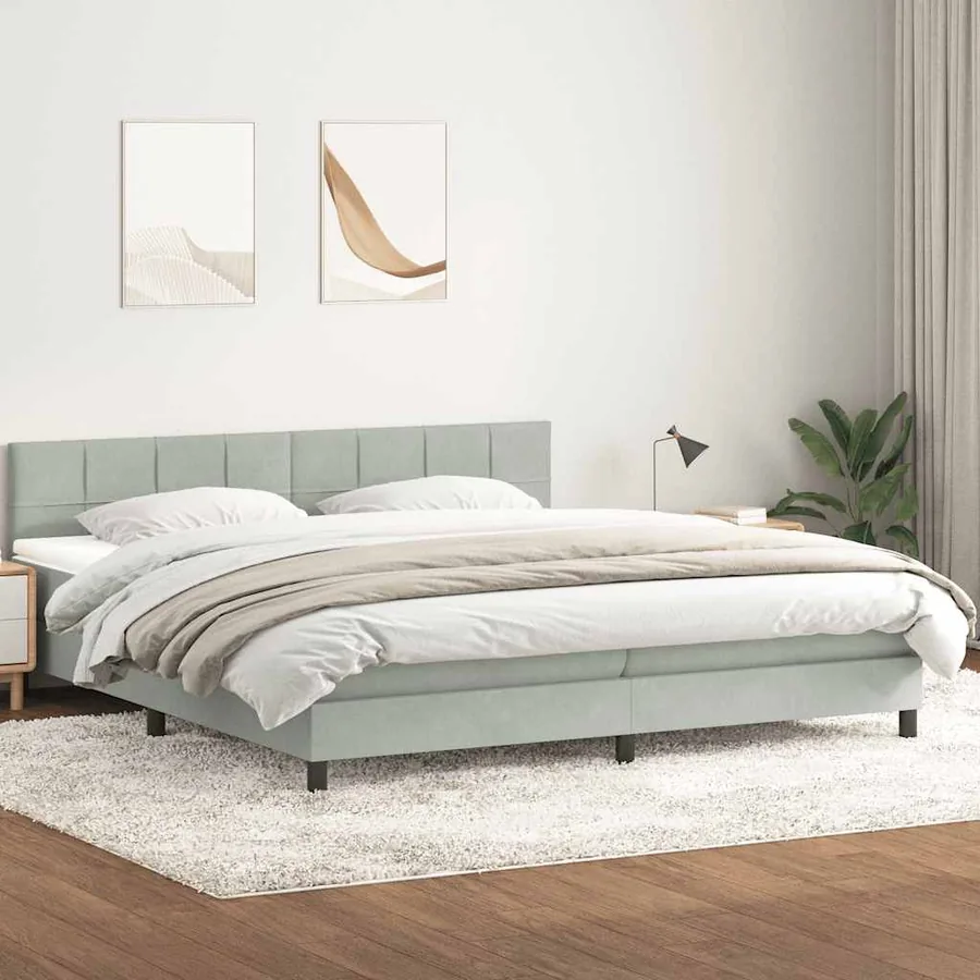 Sommier à lattes de lit et matelas gris clair 180x210cm velours
