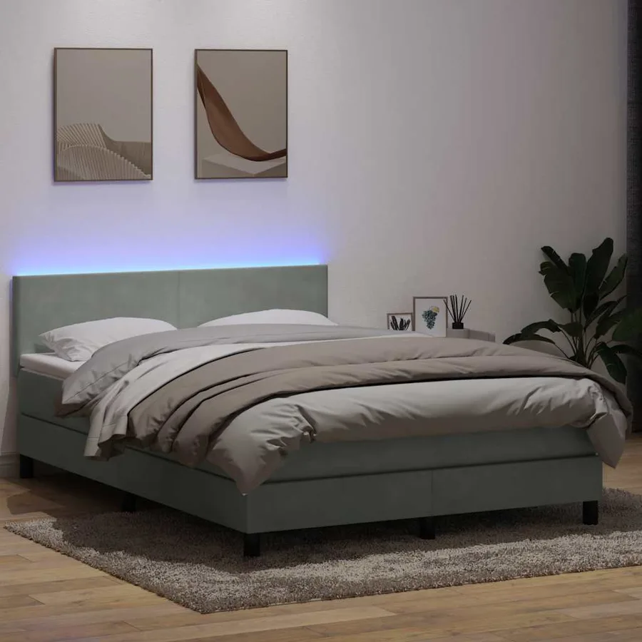 Sommier à lattes de lit et matelas et LED gris clair 140x210cm velours - 4