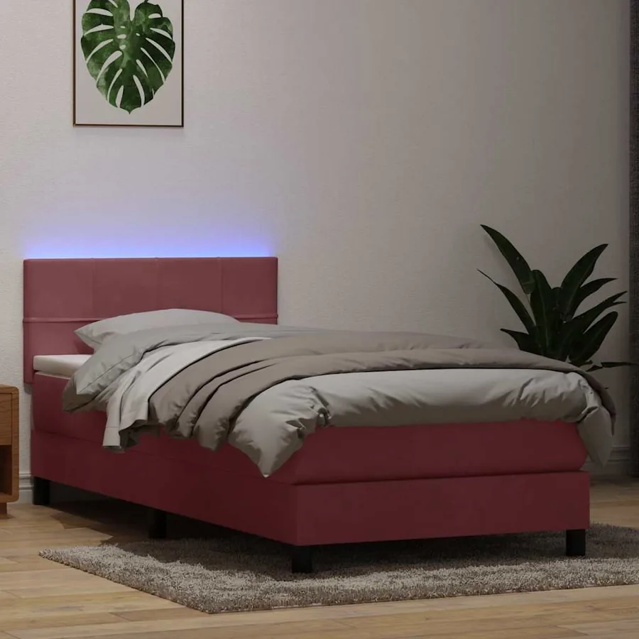 Sommier à lattes de lit avec matelas et LED rose 100x210 cm velours