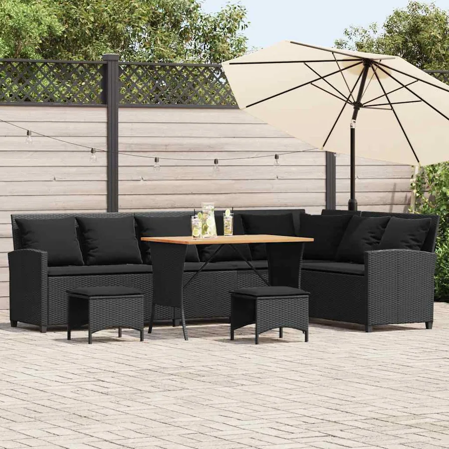Salon de jardin 4 pcs avec coussins forme L noir résine tressée