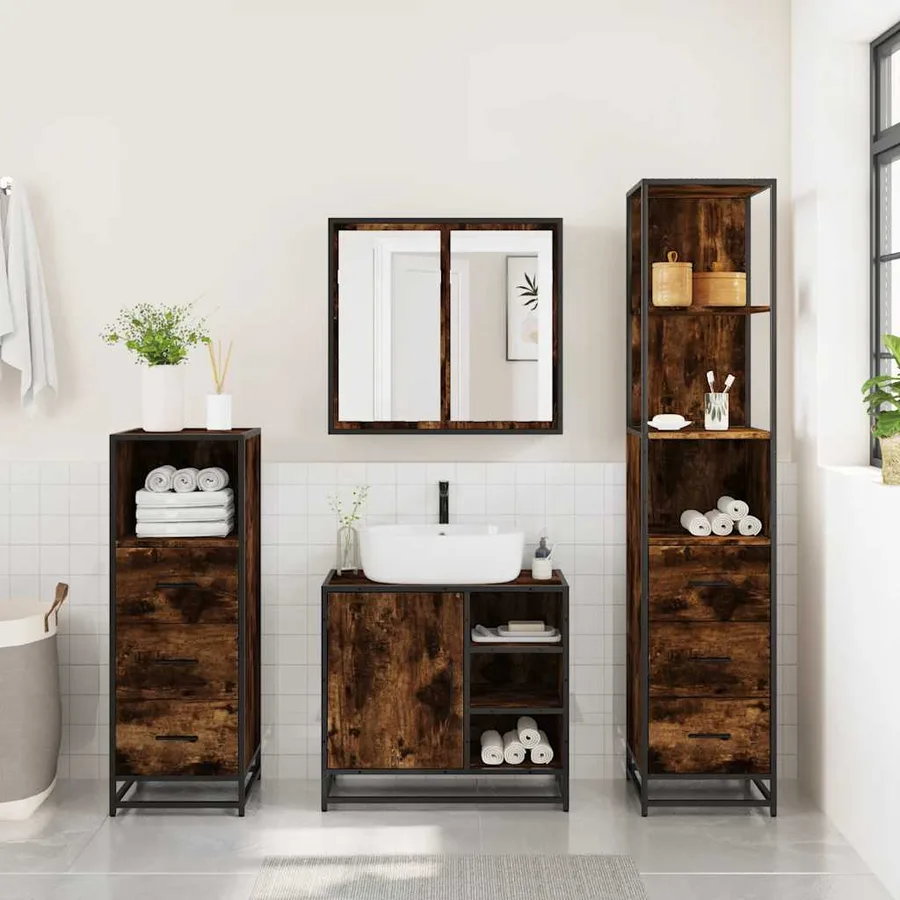 Ensemble meubles salle de bain 4 pcs chêne fumé bois ingénierie - 3