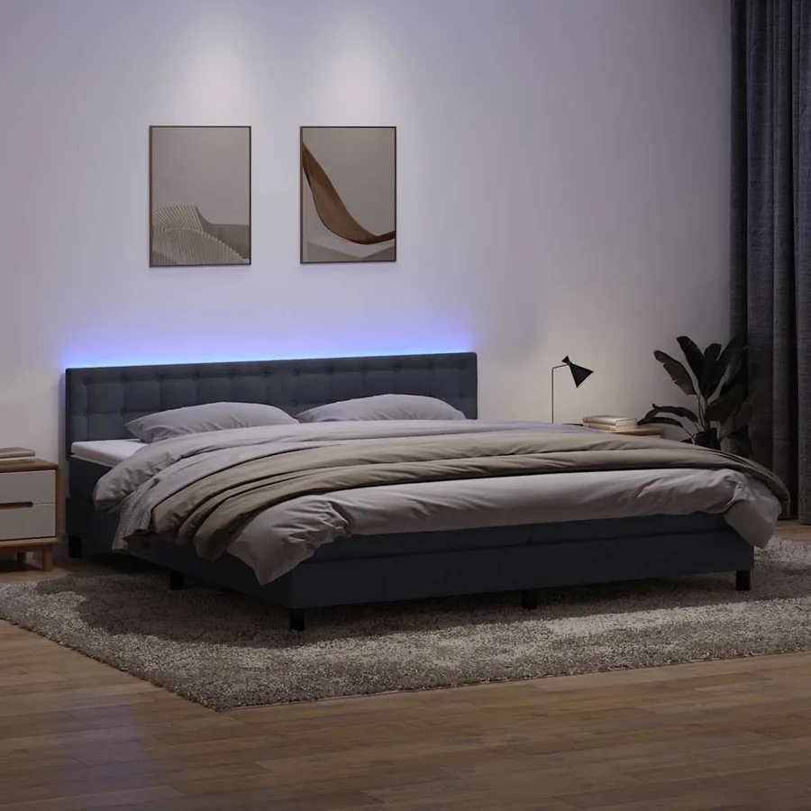 Sommier à lattes de lit et matelas et LED gris foncé 180x210cm velours