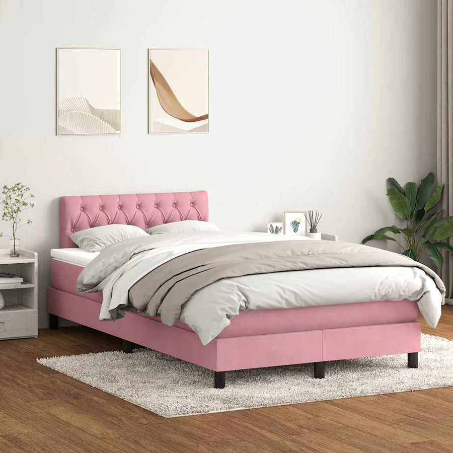 Sommier à lattes de lit avec matelas et LED rose 120x210 cm velours
