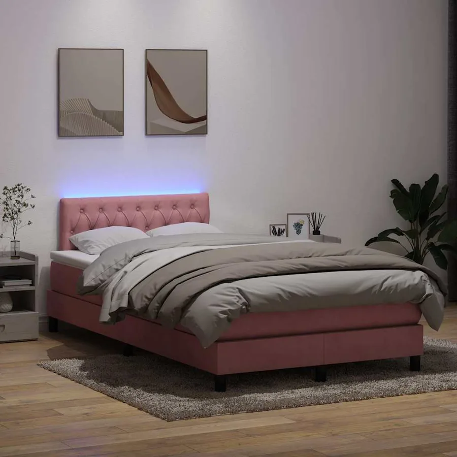 Sommier à lattes de lit avec matelas et LED rose 120x210 cm velours - 4