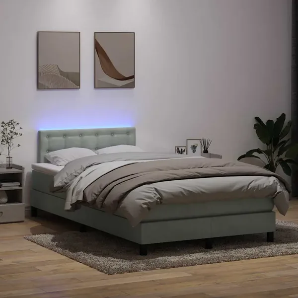Sommier à lattes de lit et matelas et LED gris clair 120x210cm velours