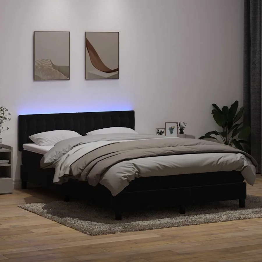 Sommier à lattes de lit avec matelas et LED noir 160x210 cm velours