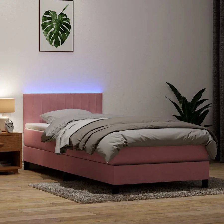 Sommier à lattes de lit avec matelas et LED rose 80x220 cm velours