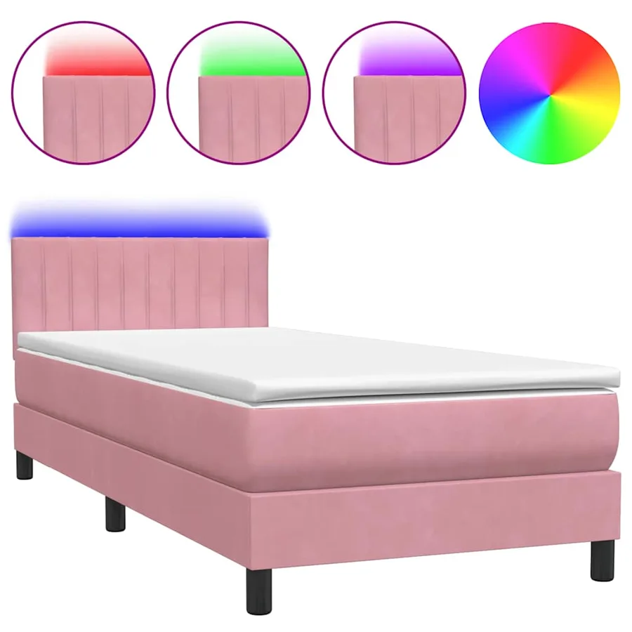 Sommier à lattes de lit avec matelas et LED rose 80x220 cm velours - 2