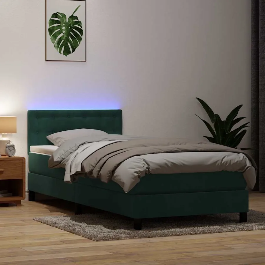 Sommier à lattes de lit et matelas et LED vert foncé 80x210 cm velours
