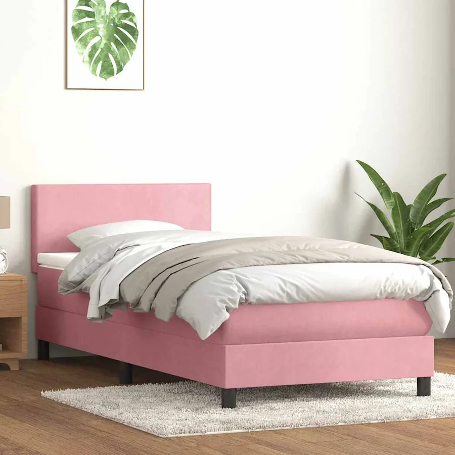 Sommier à lattes de lit avec matelas et LED rose 90x220 cm velours