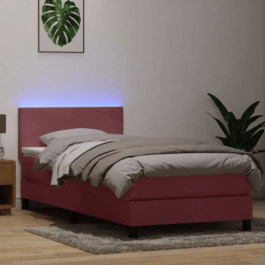 Sommier à lattes de lit avec matelas et LED rose 90x220 cm velours - 4