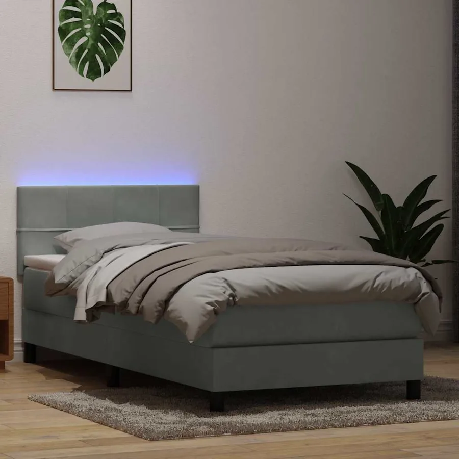 Sommier à lattes de lit et matelas et LED gris clair 80x210 cm velours