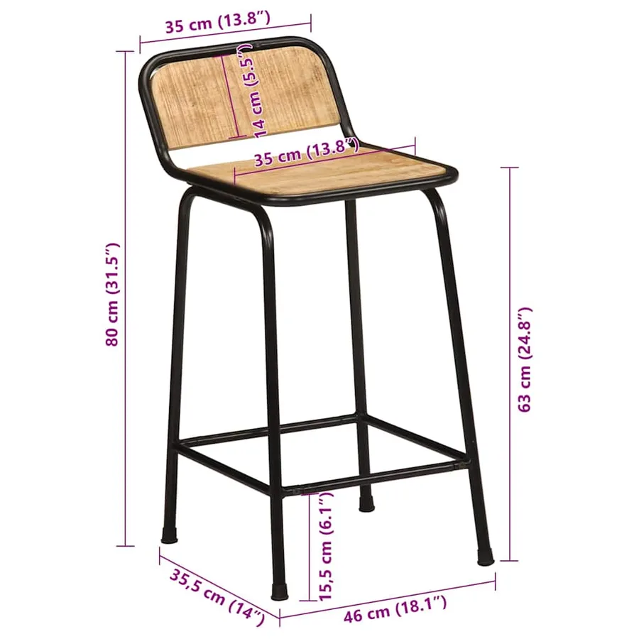 Tabourets de bar lot de 2 bois massif manguier brut - 9