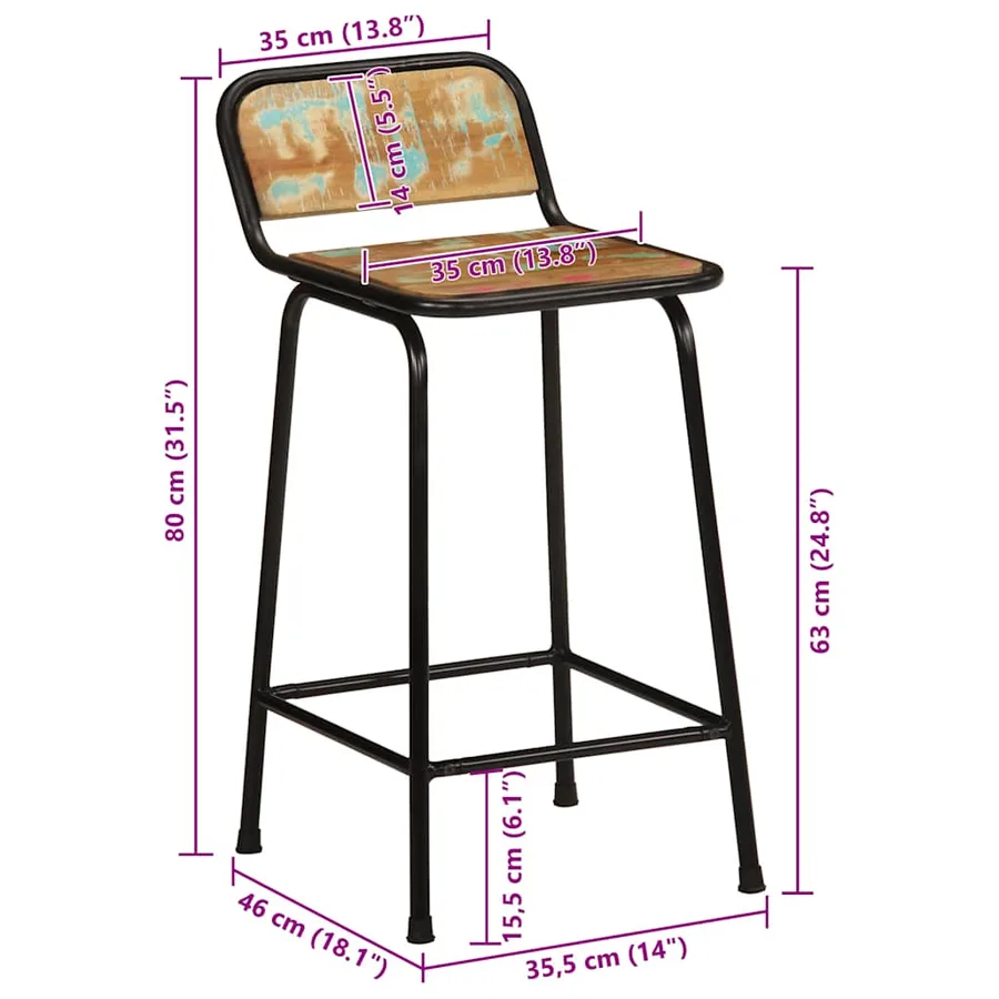 Tabourets de bar lot de 2 46x35,5x80cm bois massif récupération - 9