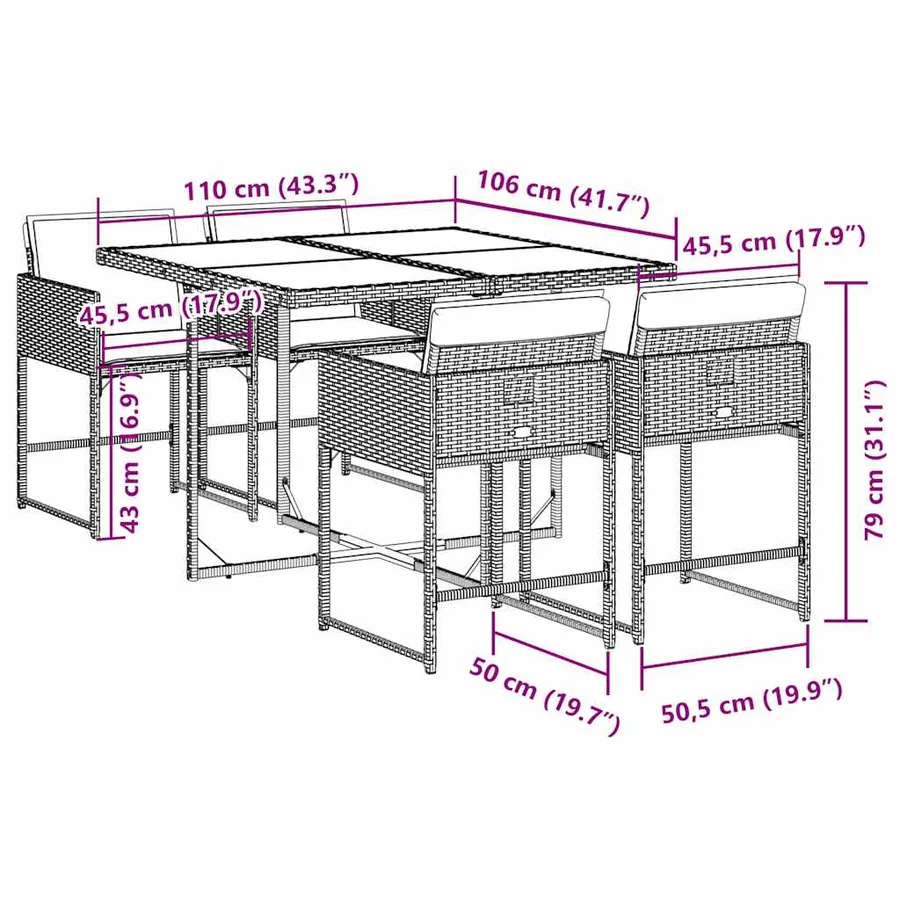 Ensemble à manger de jardin 5 pcs coussins gris résine tressée - 6