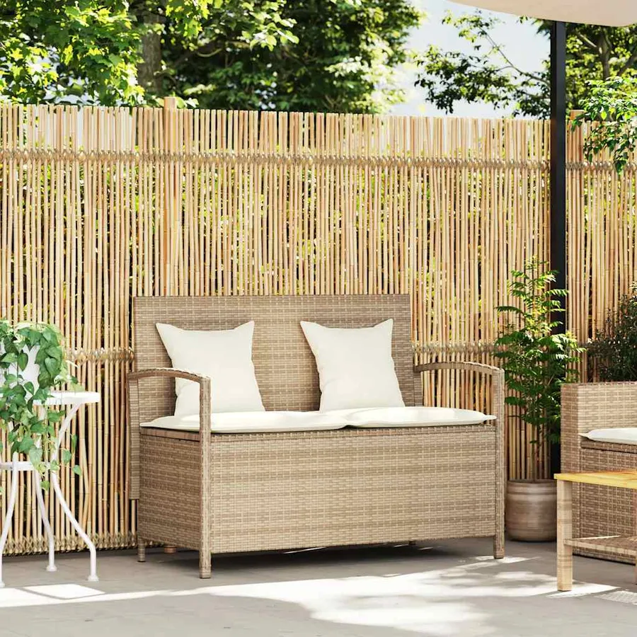 Banc de rangement de jardin avec coussin beige résine tressée - 2