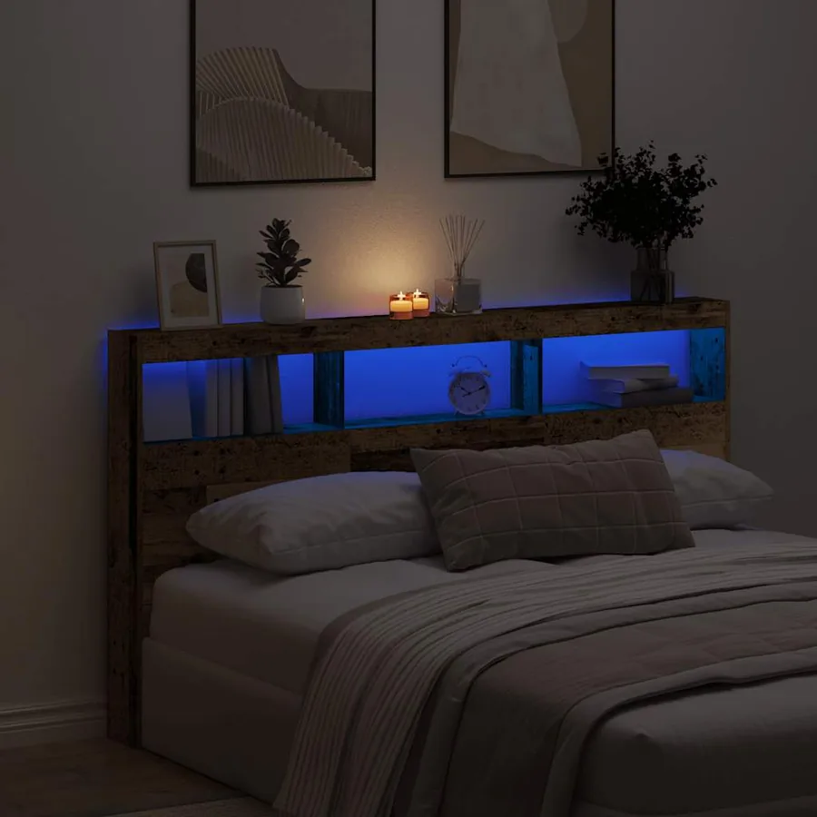 Armoire tête de lit avec LED vieux bois 180x17x102 cm