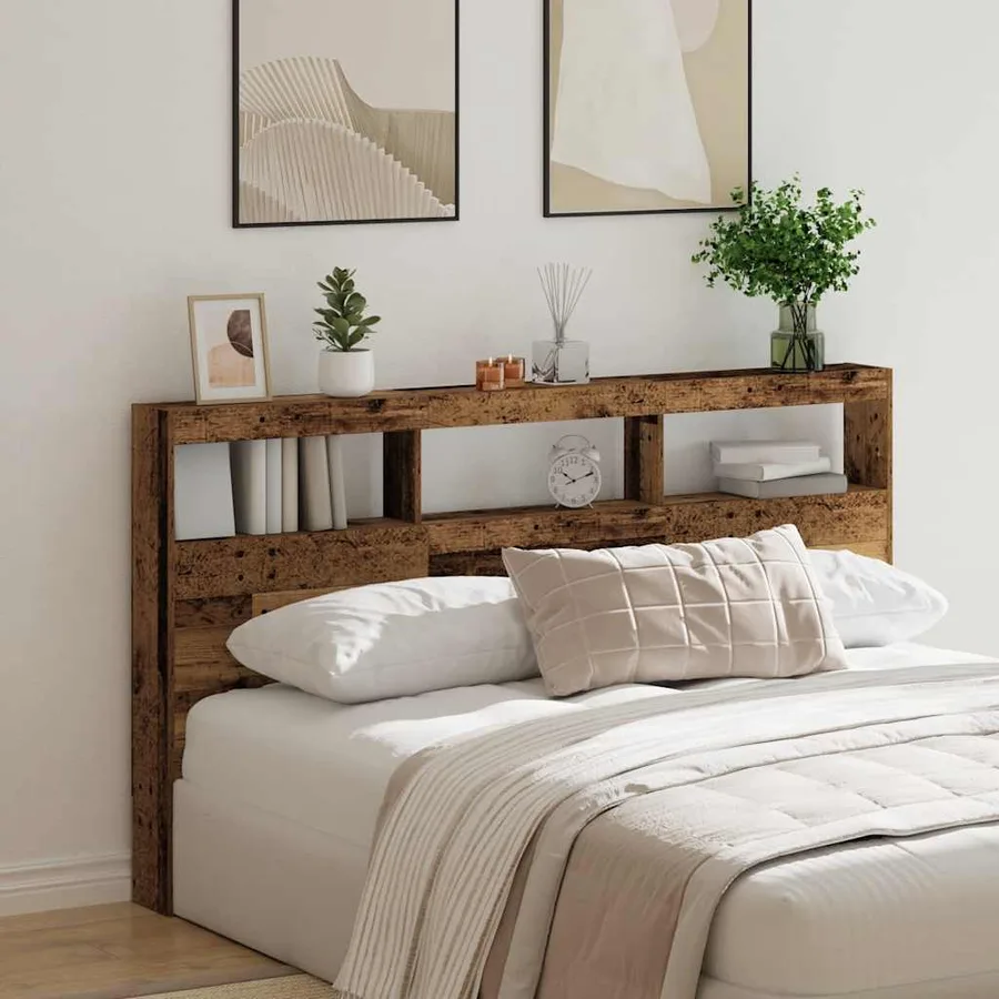 Armoire tête de lit avec LED vieux bois 180x17x102 cm - 4