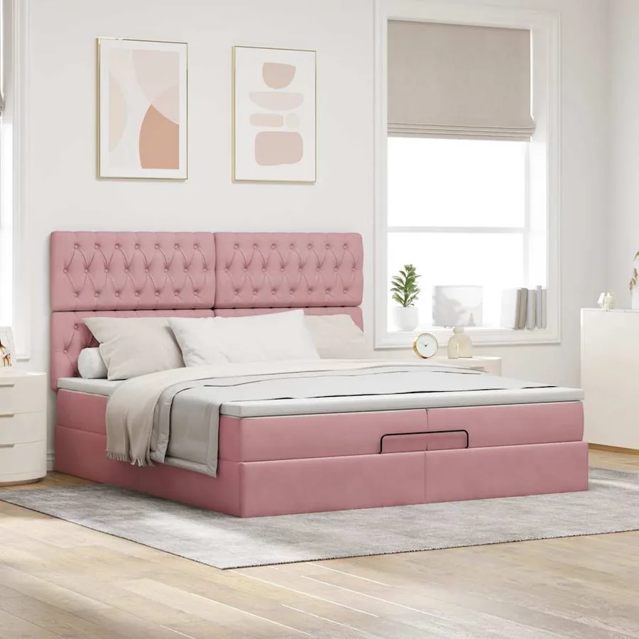 Cadre de lit ottoman avec matelas rose 200x200 cm velours - 3