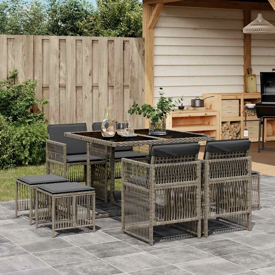 Ensemble à manger de jardin 9 pcs coussins gris résine tressée