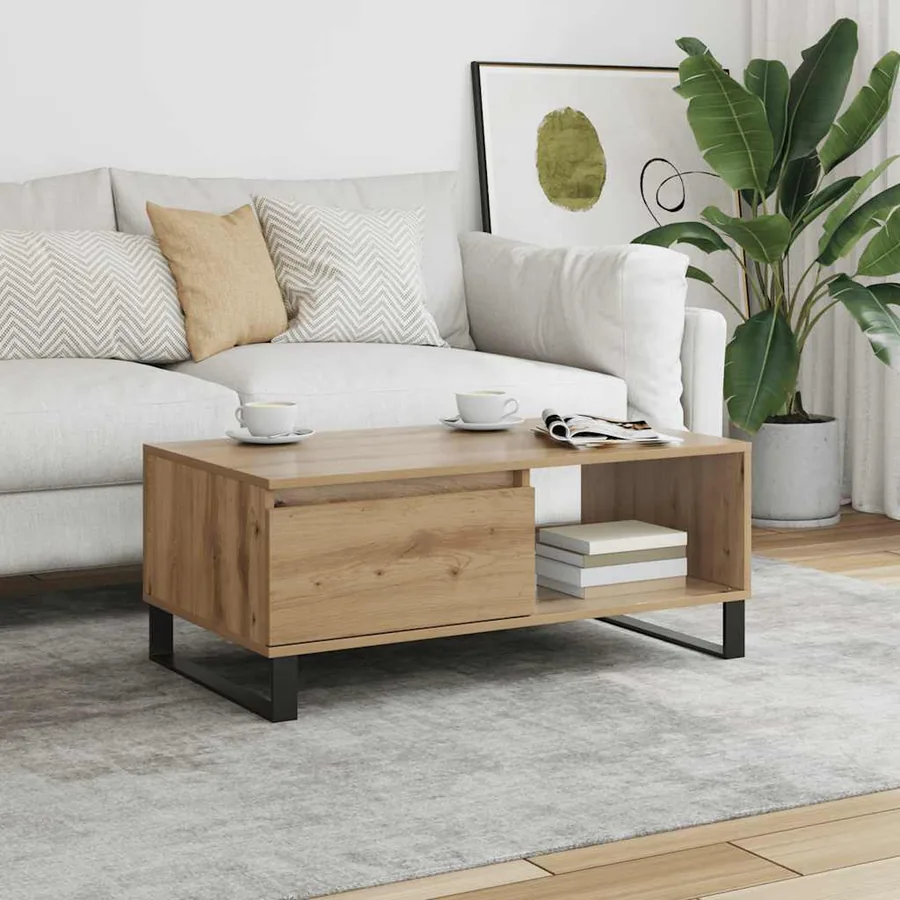 Table basse chêne artisanal 90x50x36,5 cm bois d'ingénierie