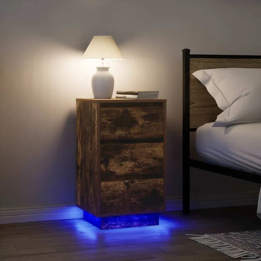 Table de chevet avec lumières LED chêne fumé 38x34x65 cm