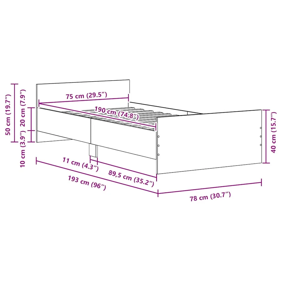 Cadre de lit sans matelas chêne noir 75x190 cm bois ingénierie - 8