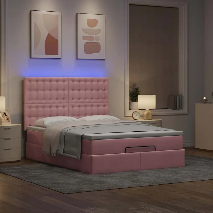 Cadre de lit ottoman avec matelas rose 140x200 cm velours - 3