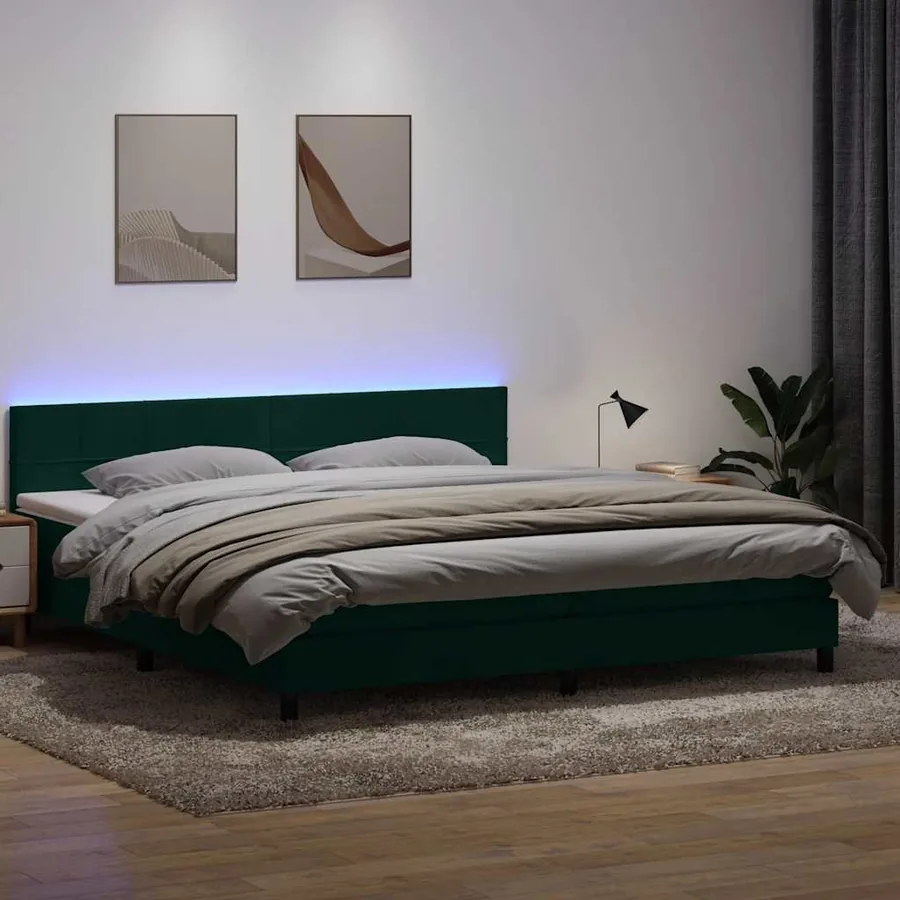 Sommier à lattes de lit et matelas et LED vert foncé 180x220cm velours