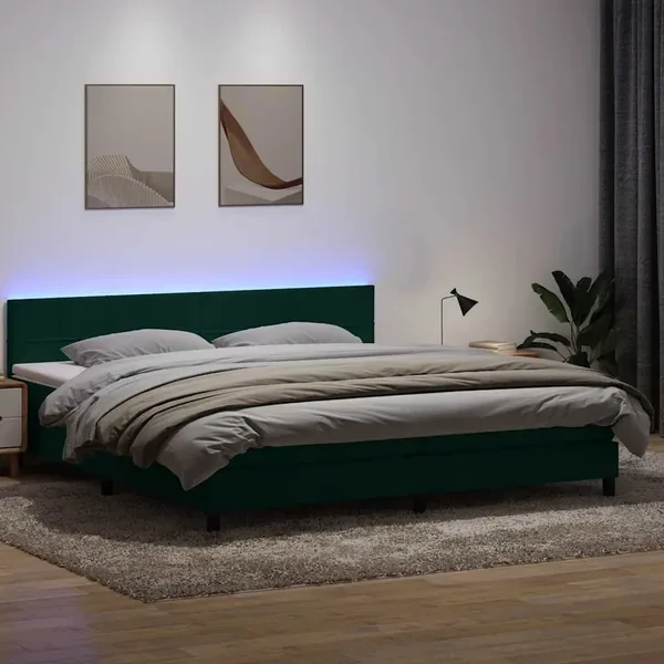 Sommier à lattes de lit et matelas et LED vert foncé 180x220cm velours