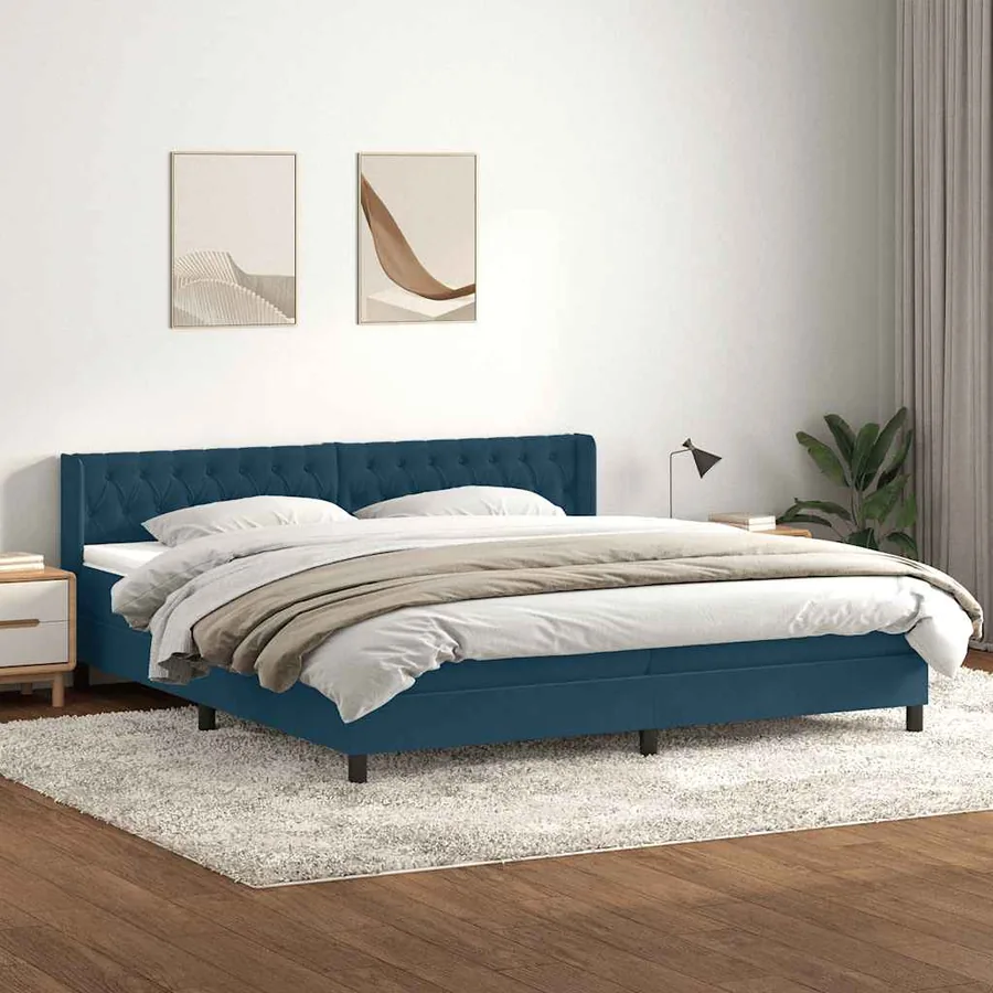 Sommier à lattes de lit et matelas bleu foncé 200x220cm velours