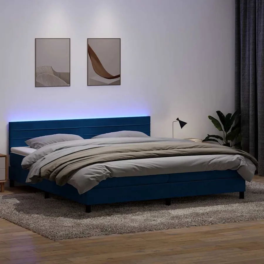 Sommier à lattes de lit et matelas et LED bleu foncé 200x220cm velours