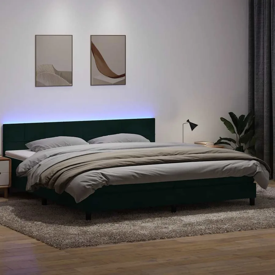 Sommier à lattes de lit et matelas et LED vert foncé 200x220cm velours