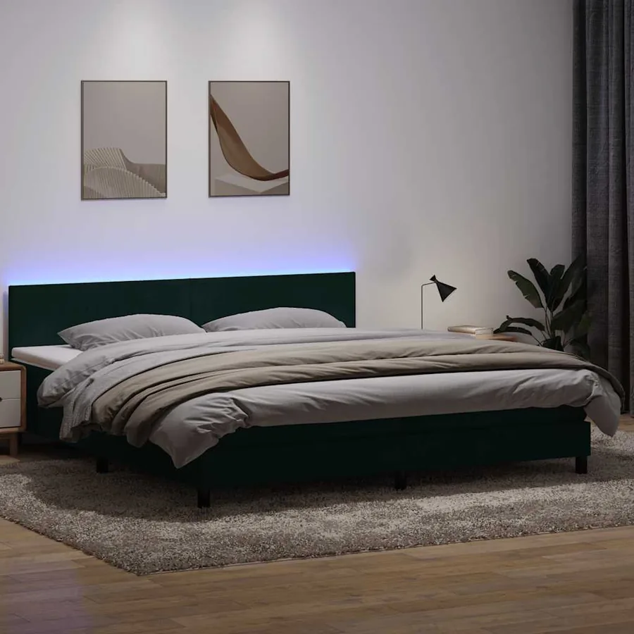 Sommier à lattes de lit et matelas et LED vert foncé 200x220cm velours