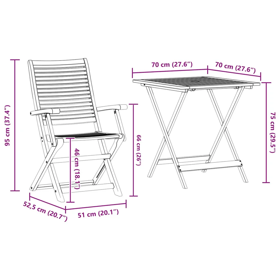 Ensemble bistro pliant 3 pcs Marron Bois d'Acacia Massif - 9