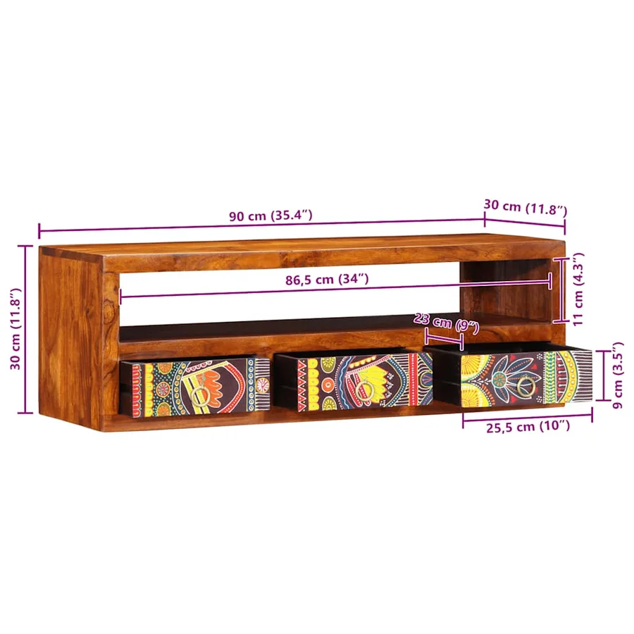 Meuble TV mural multicolore 90x30x30 bois massif d'acacia - 13