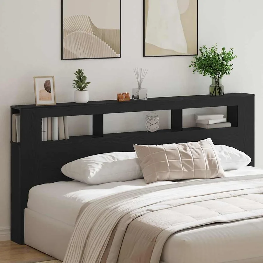 Tête de lit LED avec étagère Chêne noir 220 x 18,5 x 103,5 cm