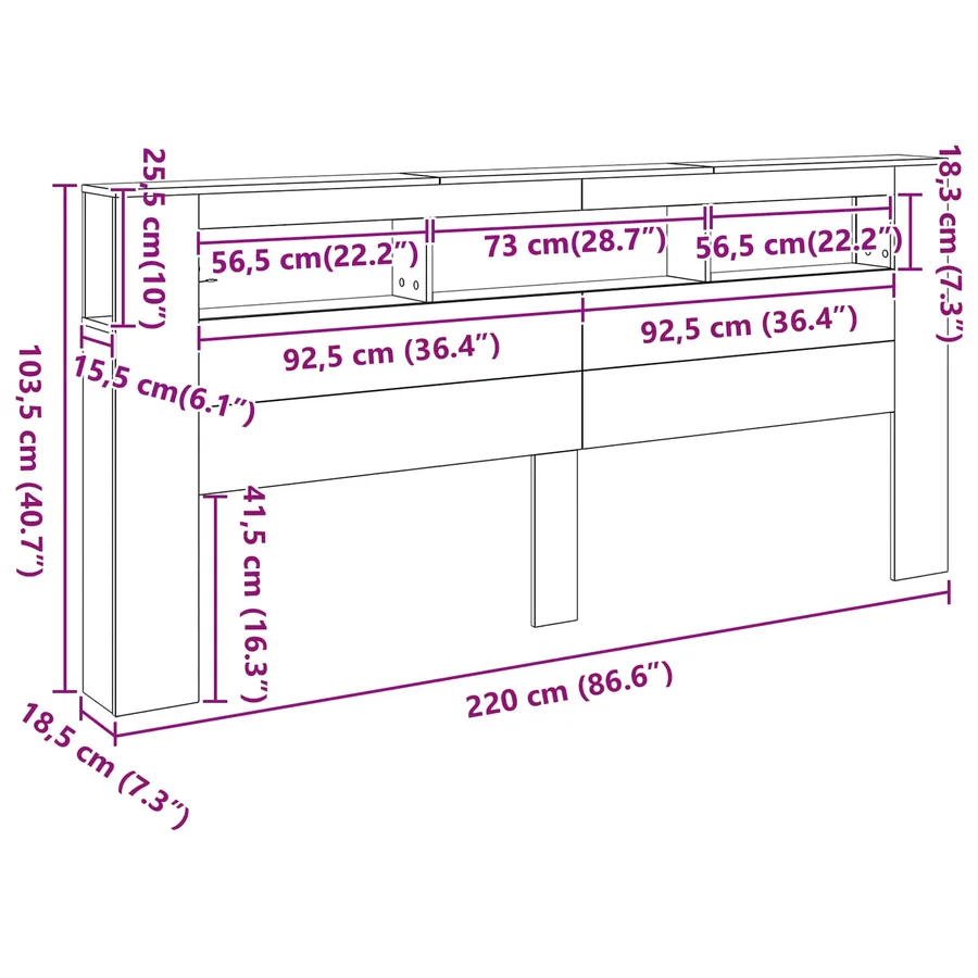 Tête de lit LED avec étagère Chêne noir 220 x 18,5 x 103,5 cm - 12