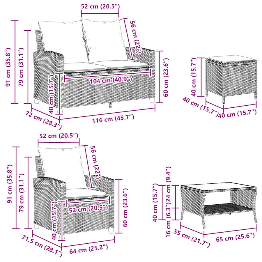 Ensemble de canapé de jardin 6 pcs avec coussins beige résine tressée - 13
