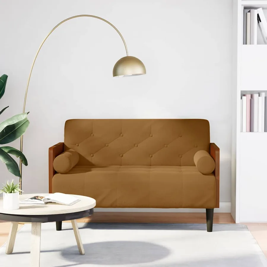Canapé deux places avec coussins cylindriques velours marron 110 cm