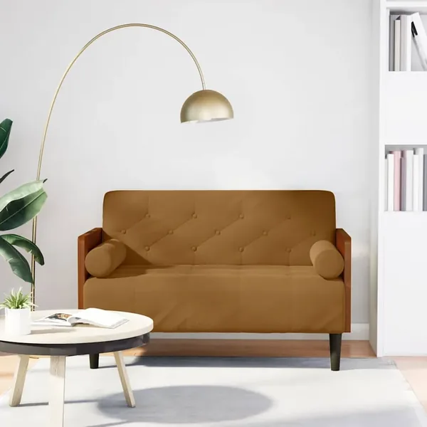 Canapé deux places avec coussins cylindriques velours marron 110 cm