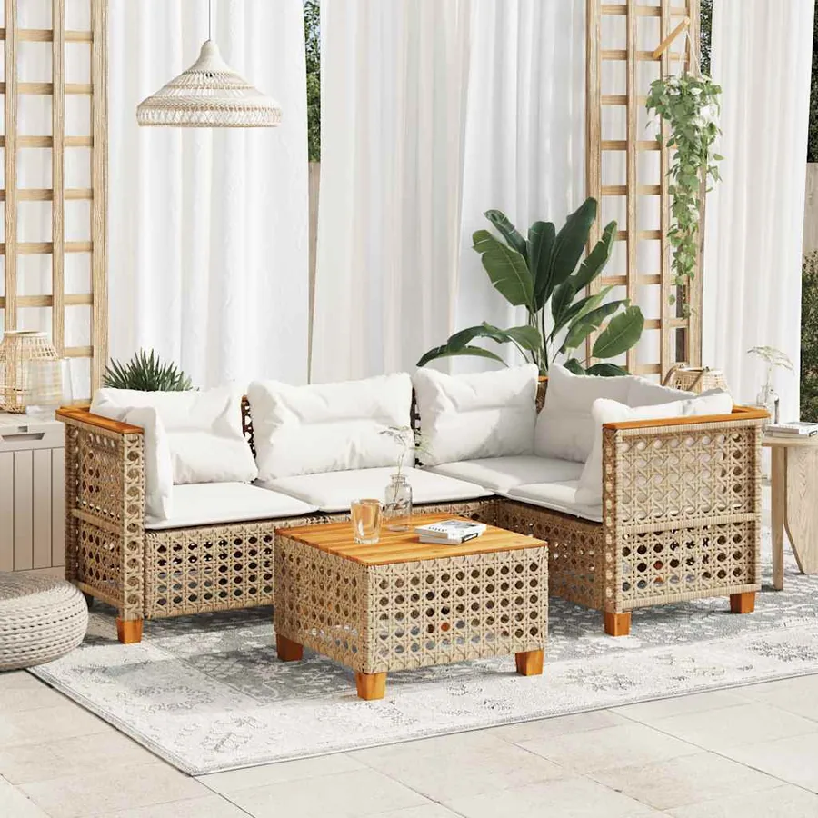 Salon de jardin avec coussins 5 pcs beige résine tressée