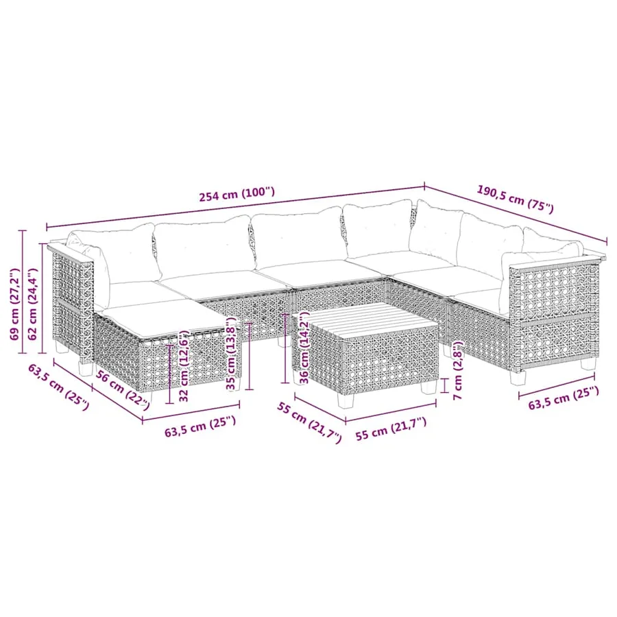 Salon de jardin avec coussins 8 pcs beige résine tressée - 10