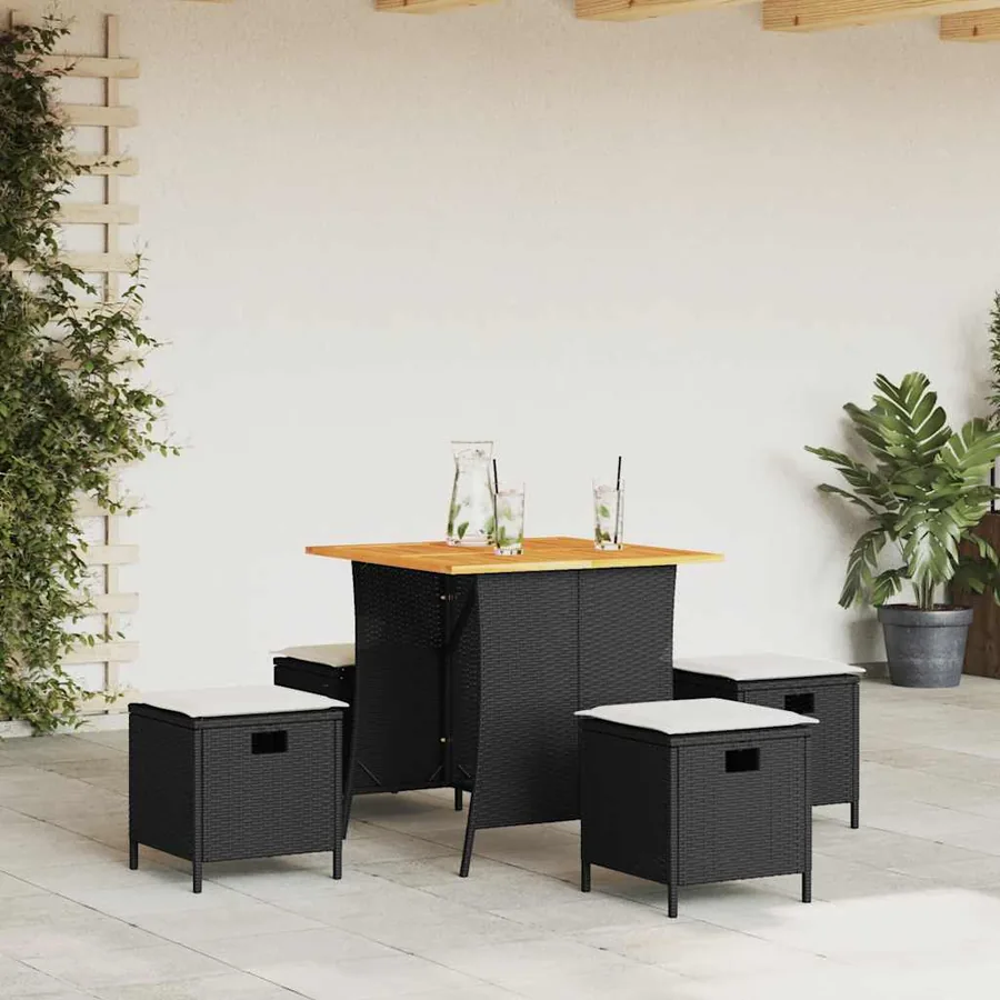 Ensemble à manger de jardin coussins 5pcs noir résine tressée