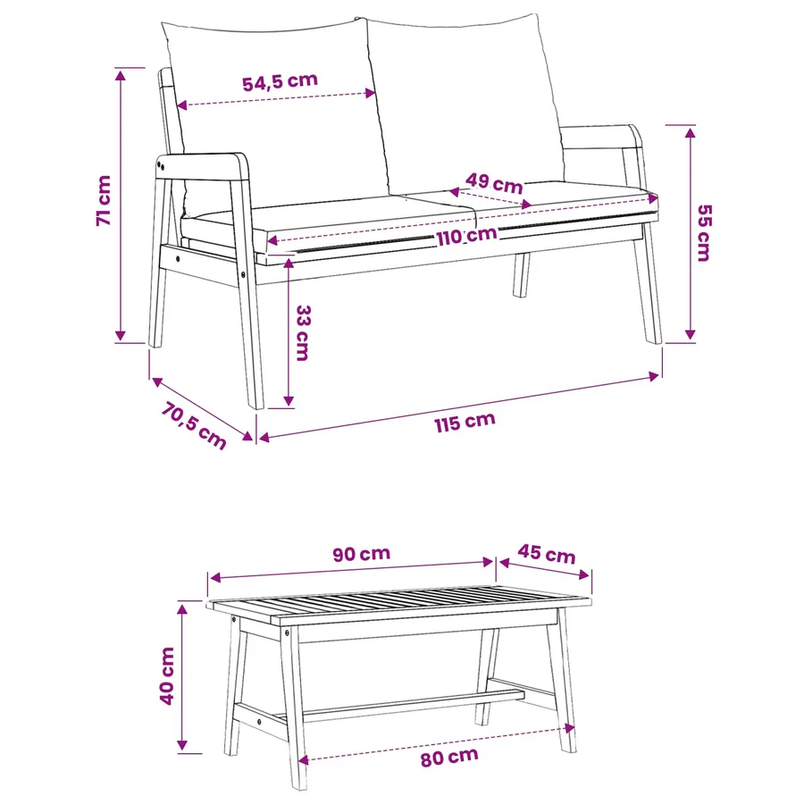 Ensemble bistrot avec coussin 3 pcs Marron Bois d'Acacia Massif - 9