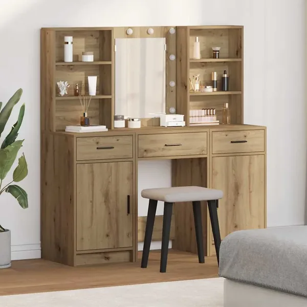 Ensemble de table de maquillage avec LED 3 pc Chêne artisanal