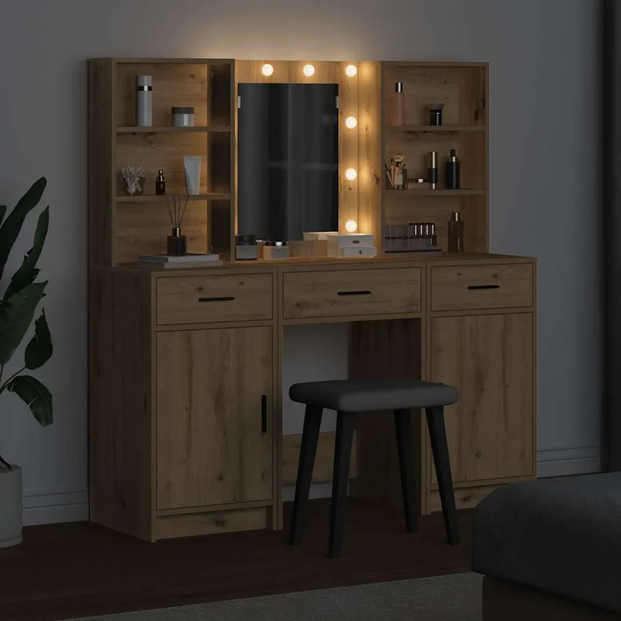 Ensemble de table de maquillage avec LED 3 pc Chêne artisanal - 4