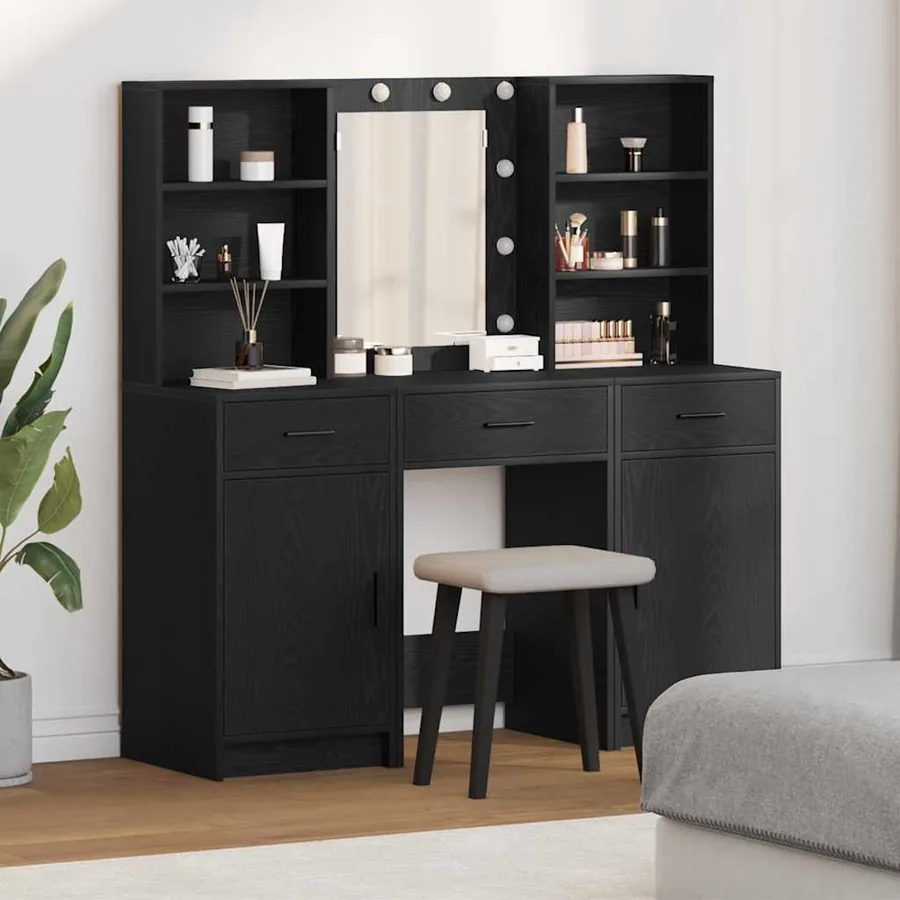 Ensemble de table de maquillage avec LED 3 pcs Chêne noir
