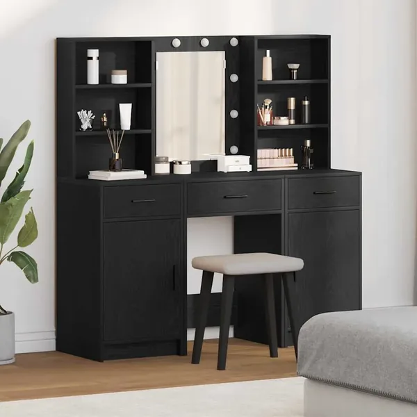 Ensemble de table de maquillage avec LED 3 pcs Chêne noir