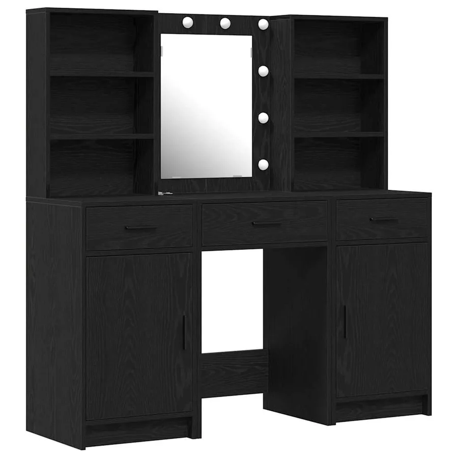 Ensemble de table de maquillage avec LED 3 pcs Chêne noir - 2